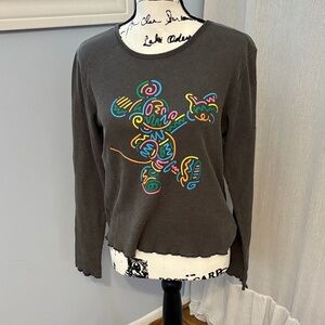 Gray Long Sleeve Top with Mickey Mouse Colorful Abstract Design